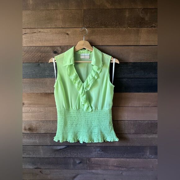 Vintage Tops - Vintage Lime Green Ruffle Blouse Smocked Waist Sleeveless Carrie Allen S
